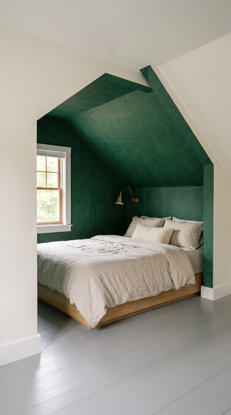 Emerald green removable wallpaper lining a sloped ceiling bedroom alcove