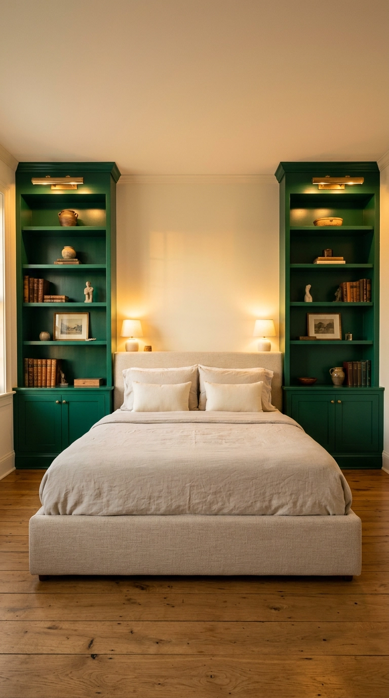 Deep emerald painted built-in bookcases flanking an oatmeal upholstered bed