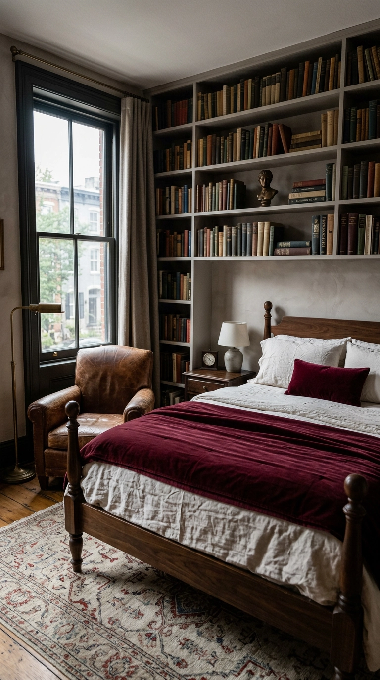 Garnet burgundy velvet coverlet layered over ivory sheets in a dark academia bedroom