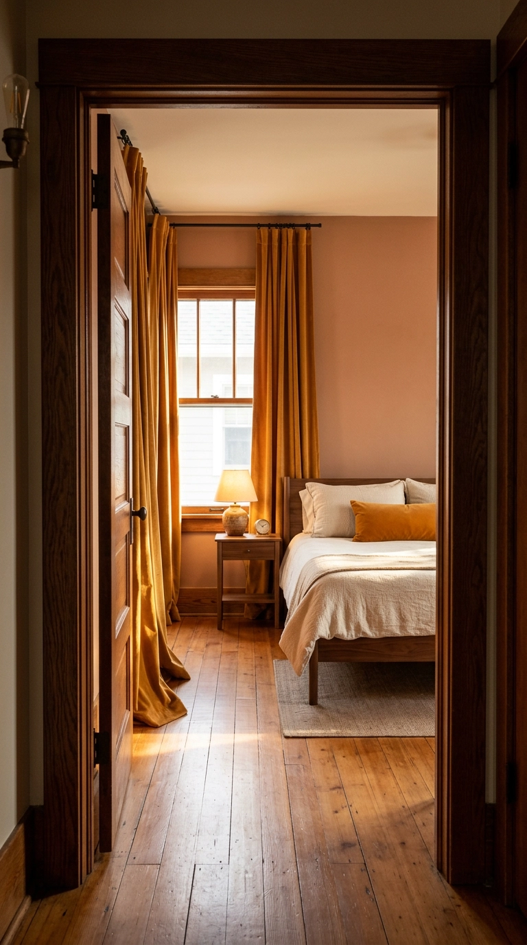 Topaz gold velvet curtains hung near the ceiling in a clay-walled bedroom