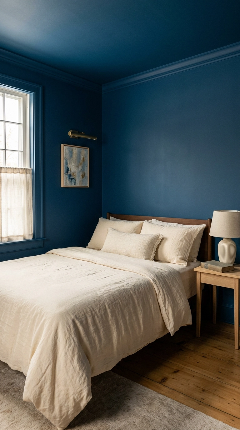 Small bedroom with sapphire blue walls, trim, and ceiling painted the same matte shade