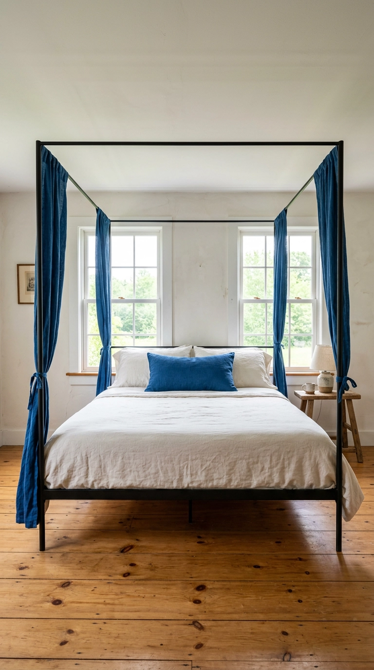 Sapphire blue linen panels tied to a black metal canopy bed frame