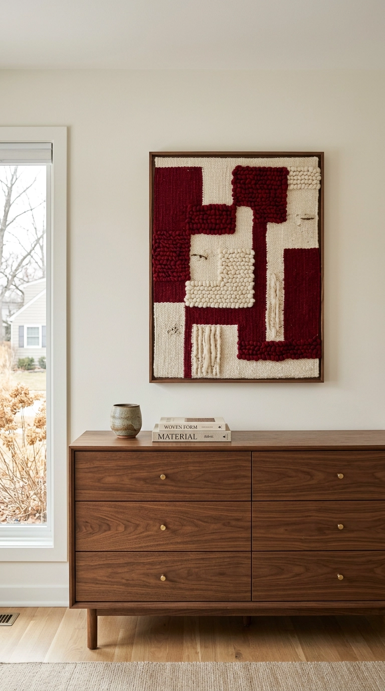 Large ruby red woven wool wall hanging above a walnut dresser