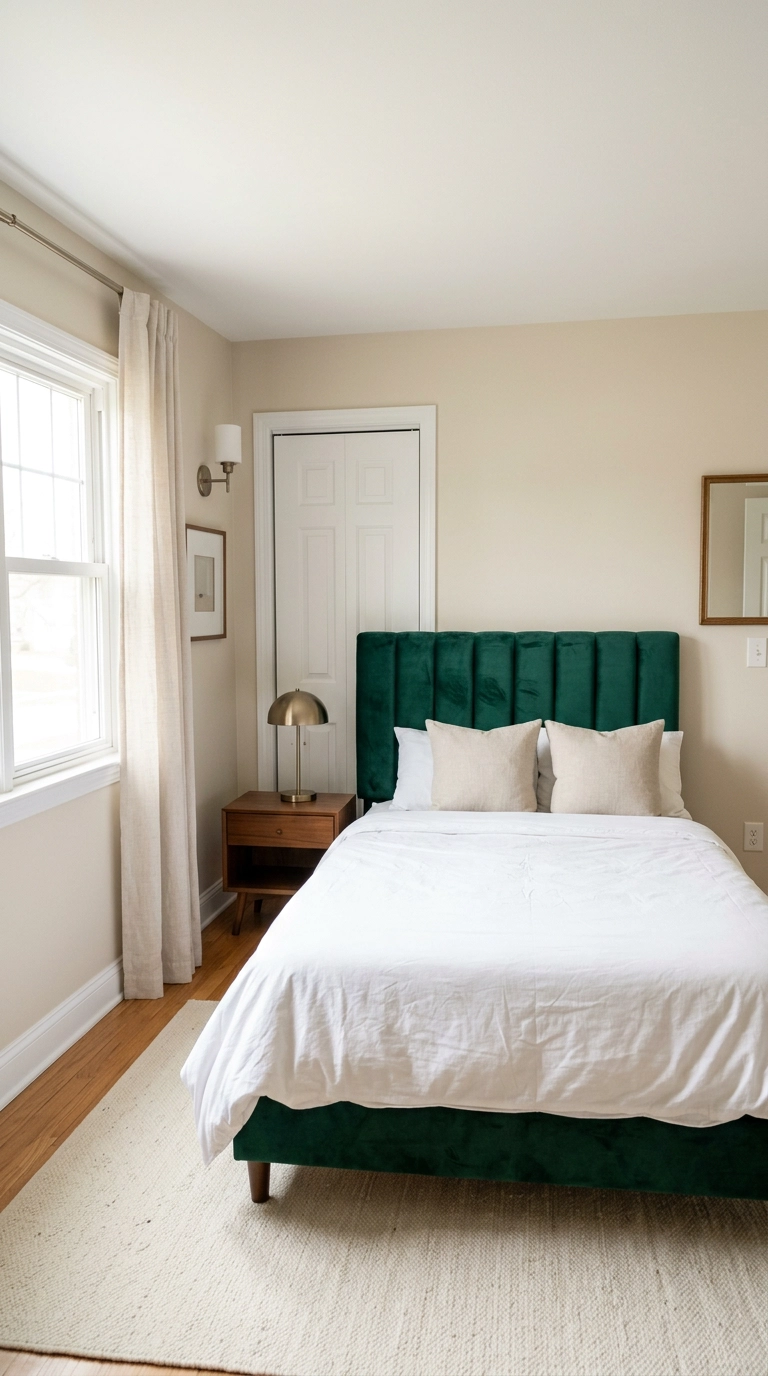 Emerald green velvet headboard on a queen bed against oatmeal walls