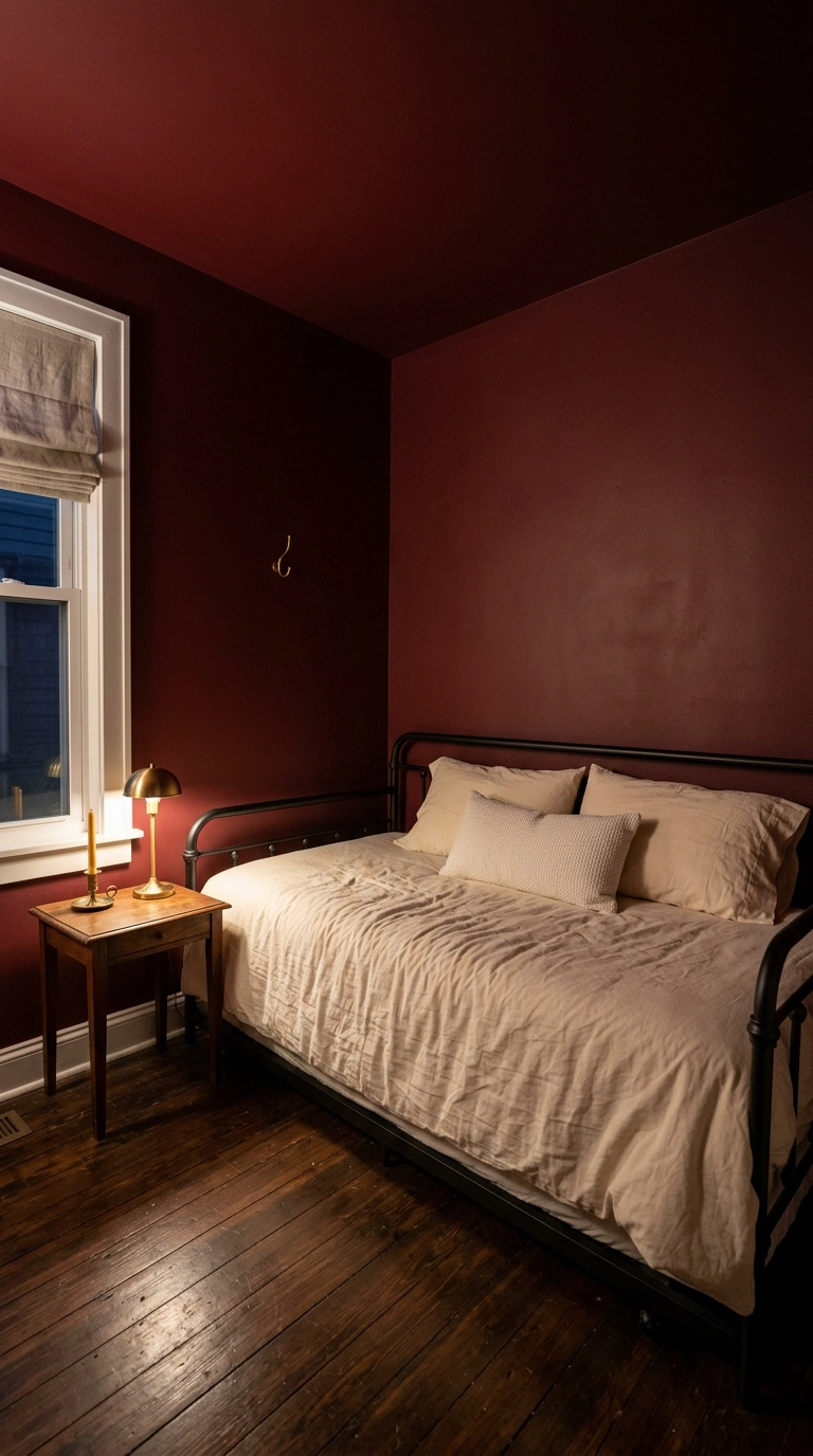 Small guest bedroom with oxblood ruby walls and a black metal daybed