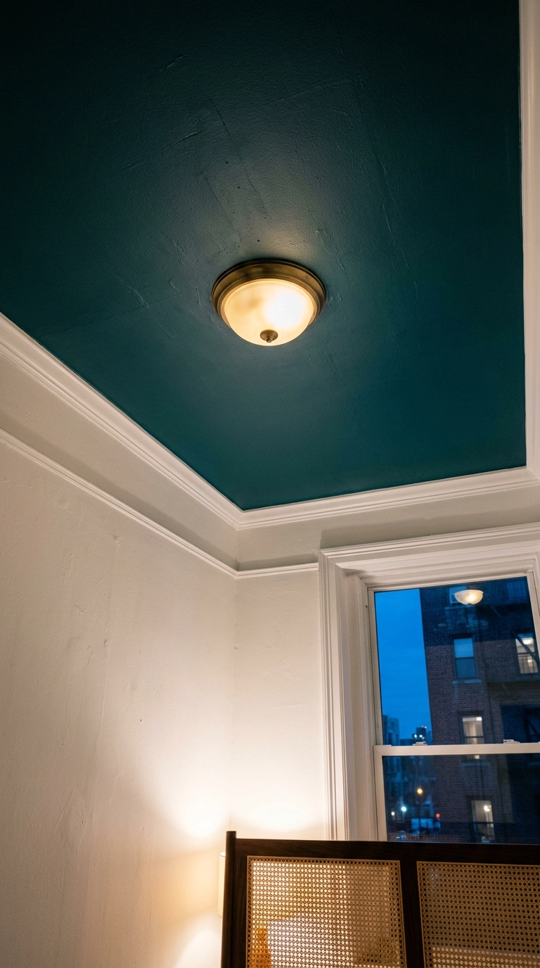 Deep teal painted bedroom ceiling above chalk white walls