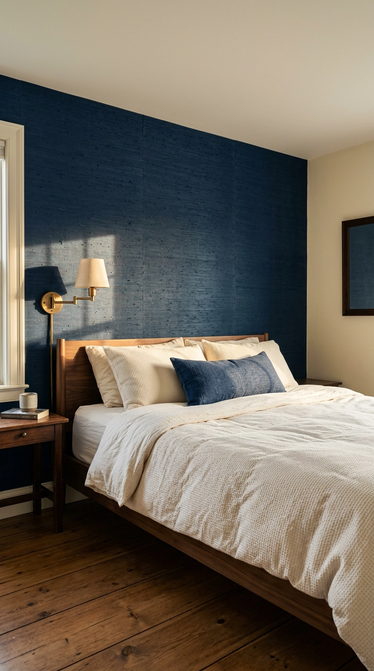Navy grasscloth wallcovering behind a walnut bed with ivory bedding