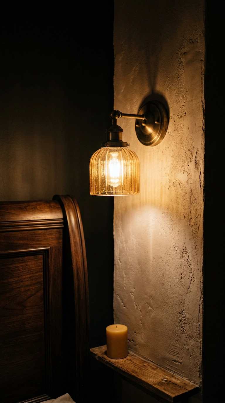 Topaz amber glass sconce with brass arm glowing against a limewash plaster wall