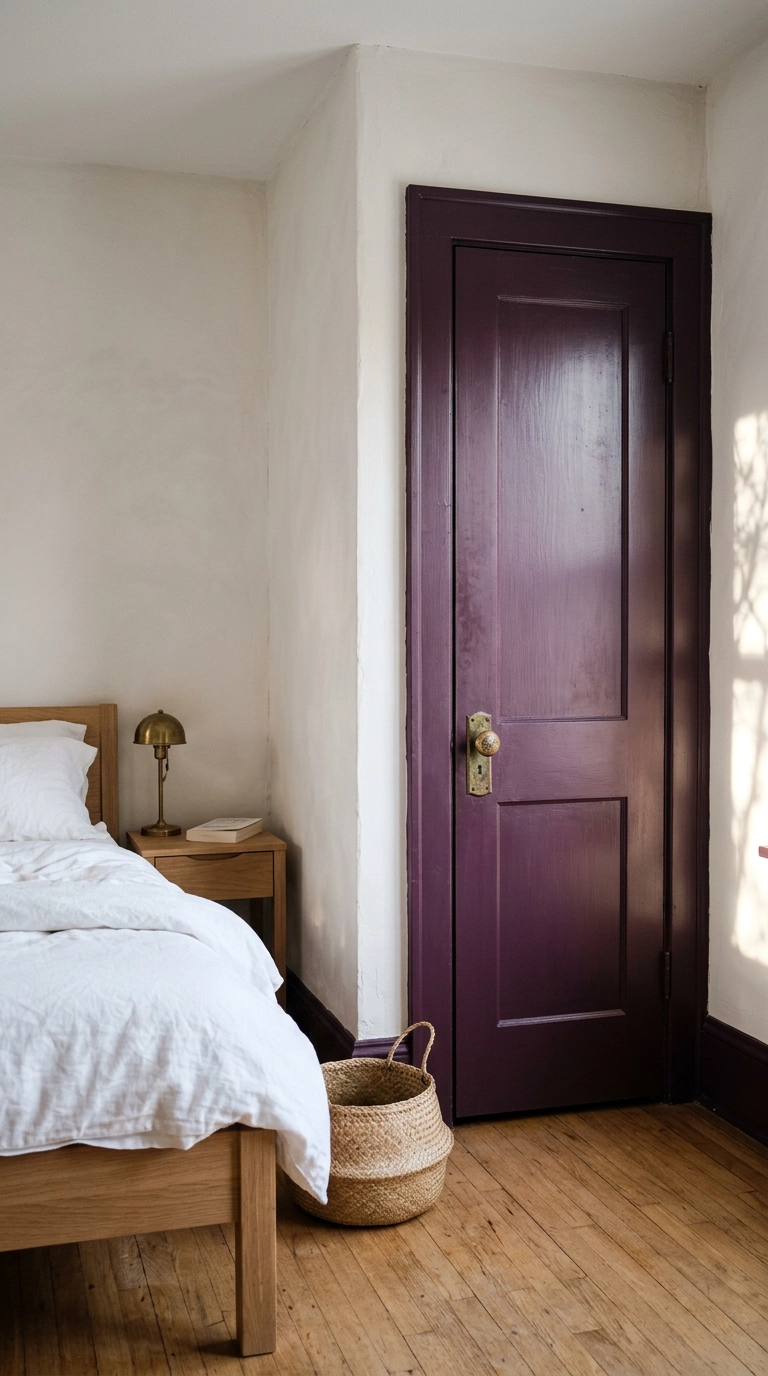 Aubergine painted door and trim against warm white bedroom walls