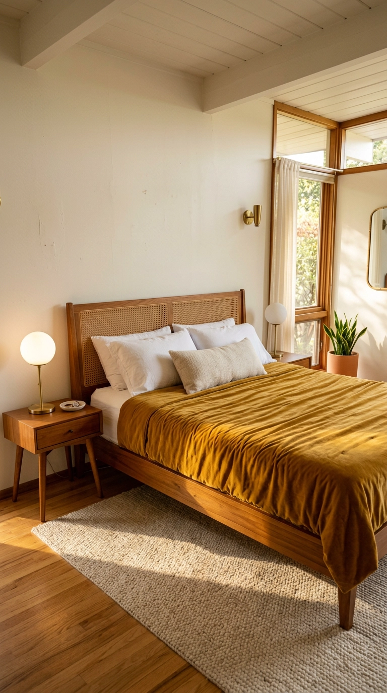Topaz gold velvet coverlet on a teak bed with a cane webbing headboard