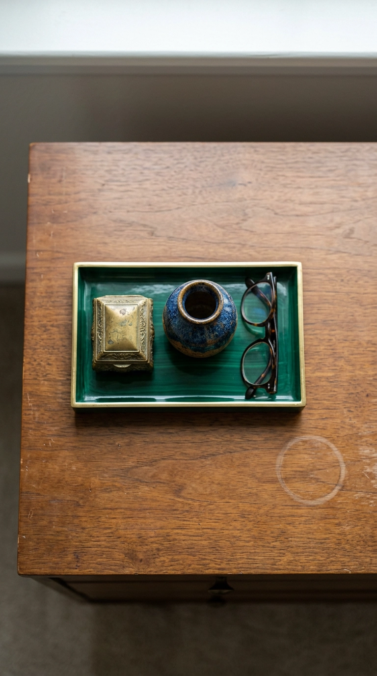 Deep green malachite lacquer tray styled with three small objects on a walnut dresser