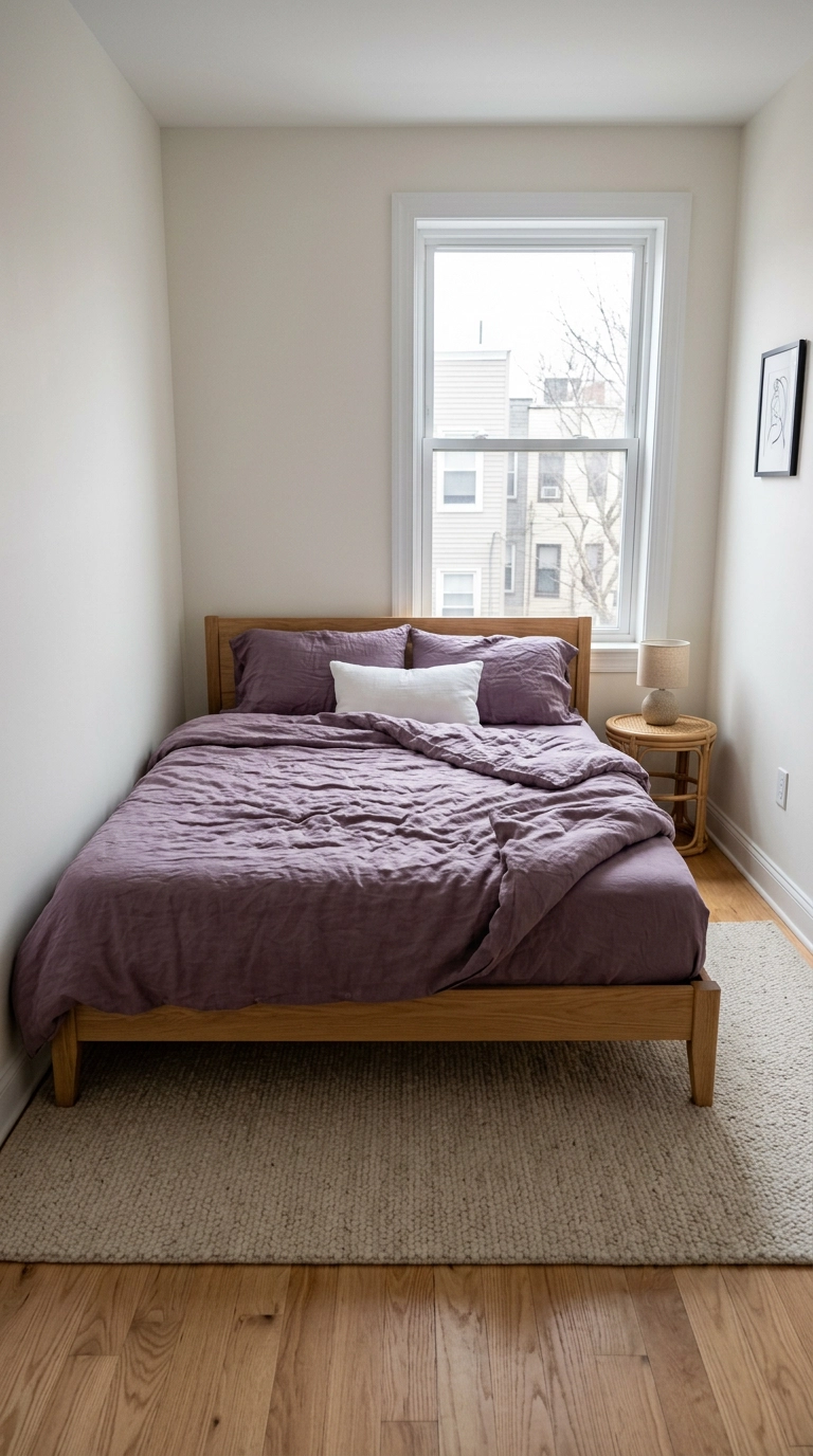 Amethyst purple linen duvet on an oak platform bed in a white rental bedroom