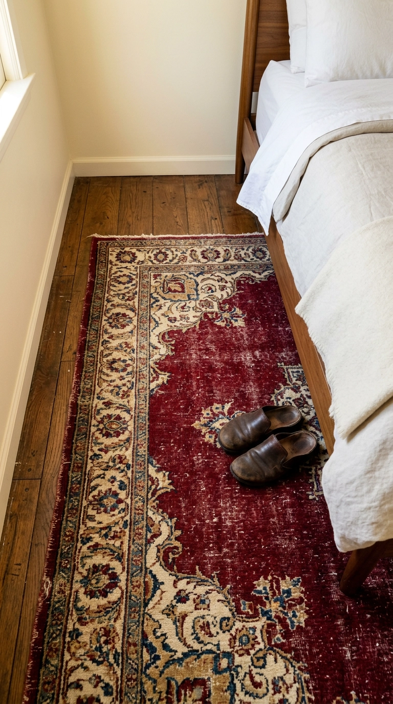 Garnet red antique Persian style wool rug on oak floors beside a bed