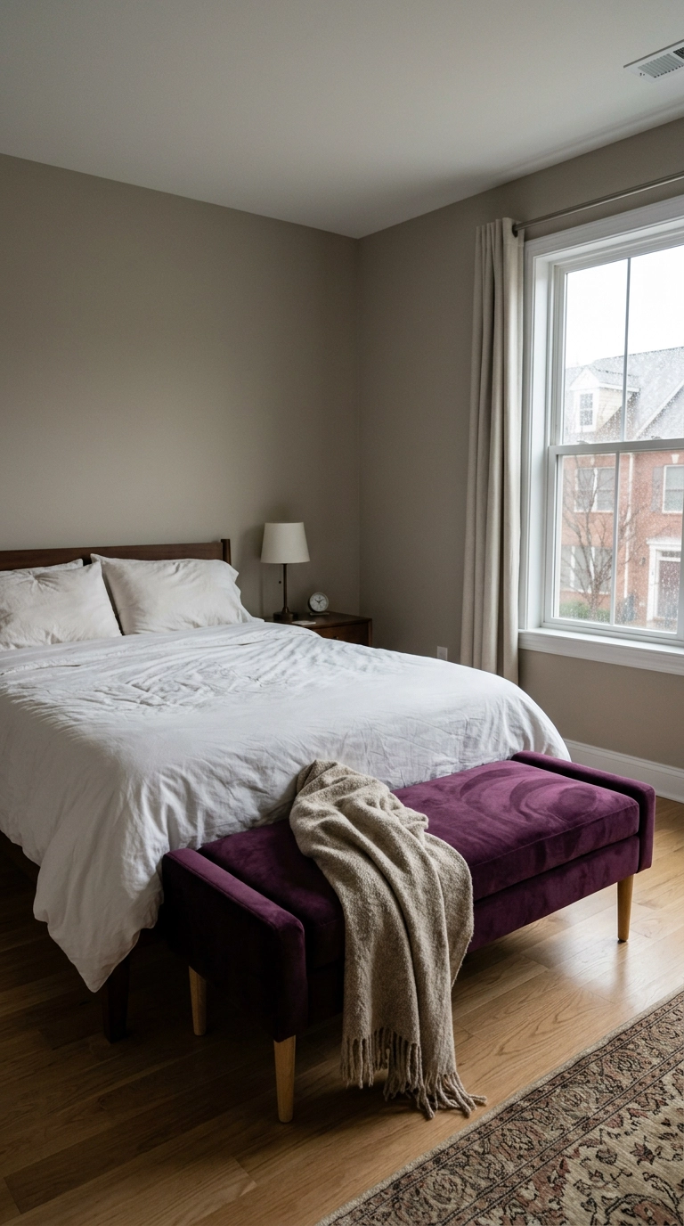 Plum amethyst velvet bench with oak legs at the foot of a bed