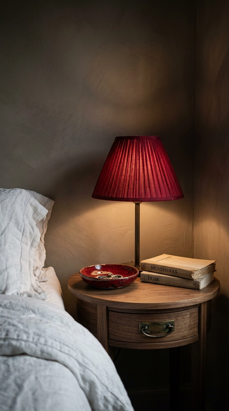 Ruby red pleated lamp shade glowing on a walnut nightstand