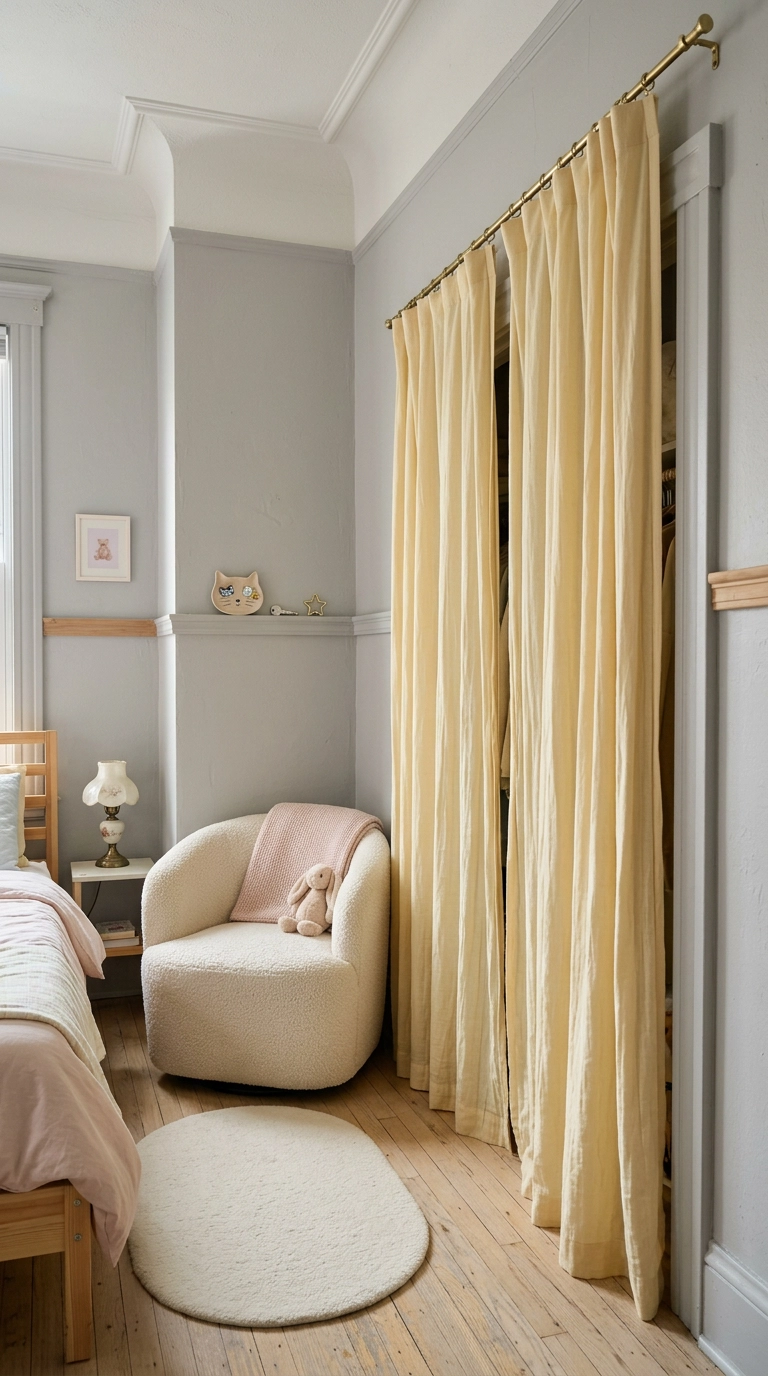 Kawaii bedroom closet covered with floor-length buttercream curtains on a brass rod