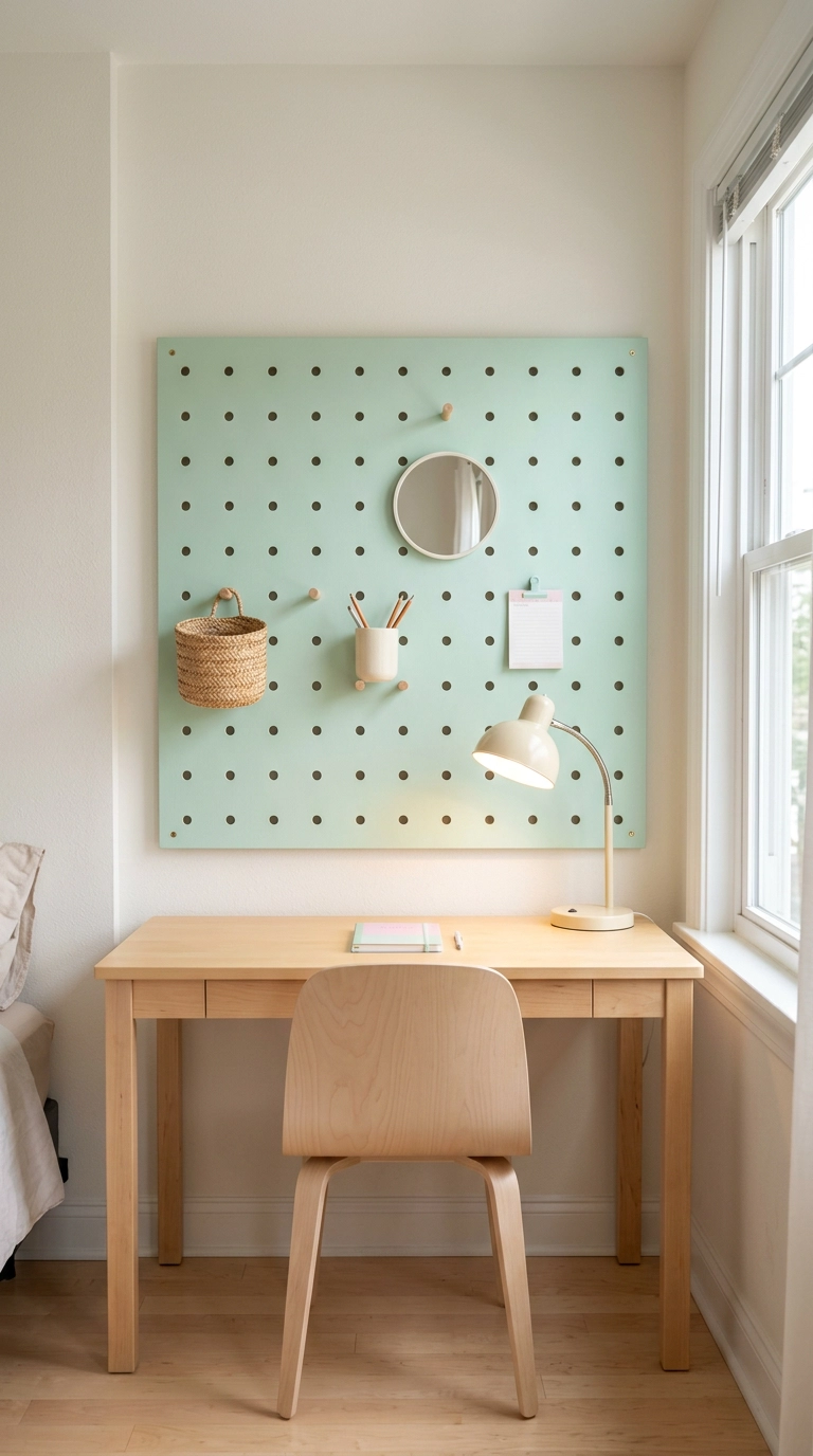 Kawaii bedroom desk with a mint painted pegboard wall and light maple furniture