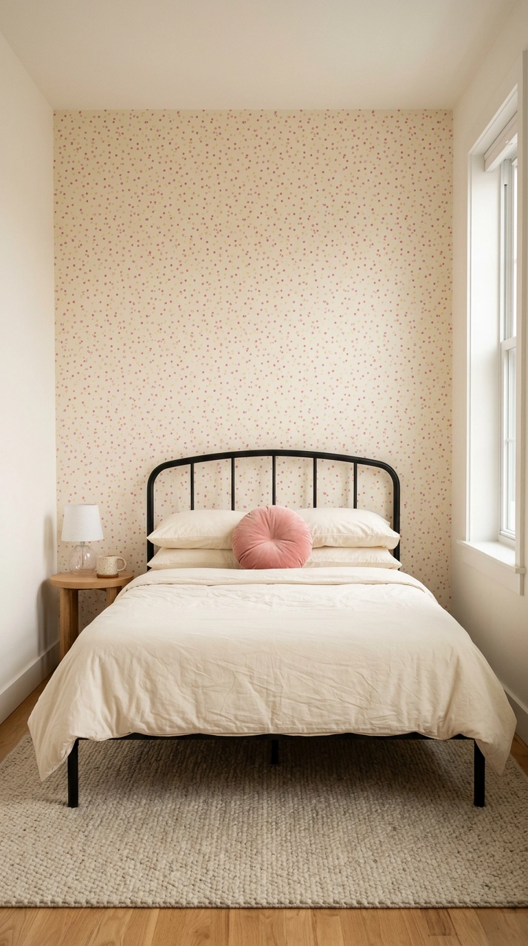 Kawaii bedroom accent wall with tiny pink confetti print peel and stick wallpaper