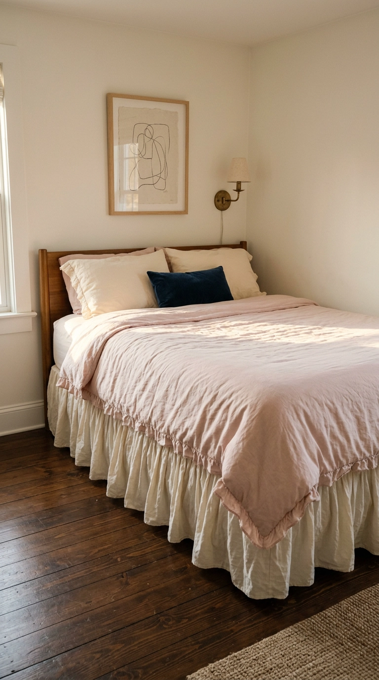 Kawaii bedroom with a cream ruffled bedskirt, pink frilled duvet and navy accent pillow