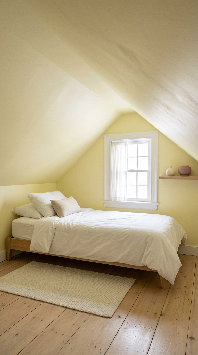 Sloped ceiling attic kawaii bedroom painted pale lemon with a low white oak bed