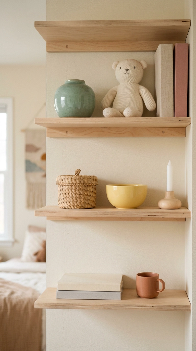 Kawaii bedroom shelf styled with pastel ceramics, a plush toy and a woven basket