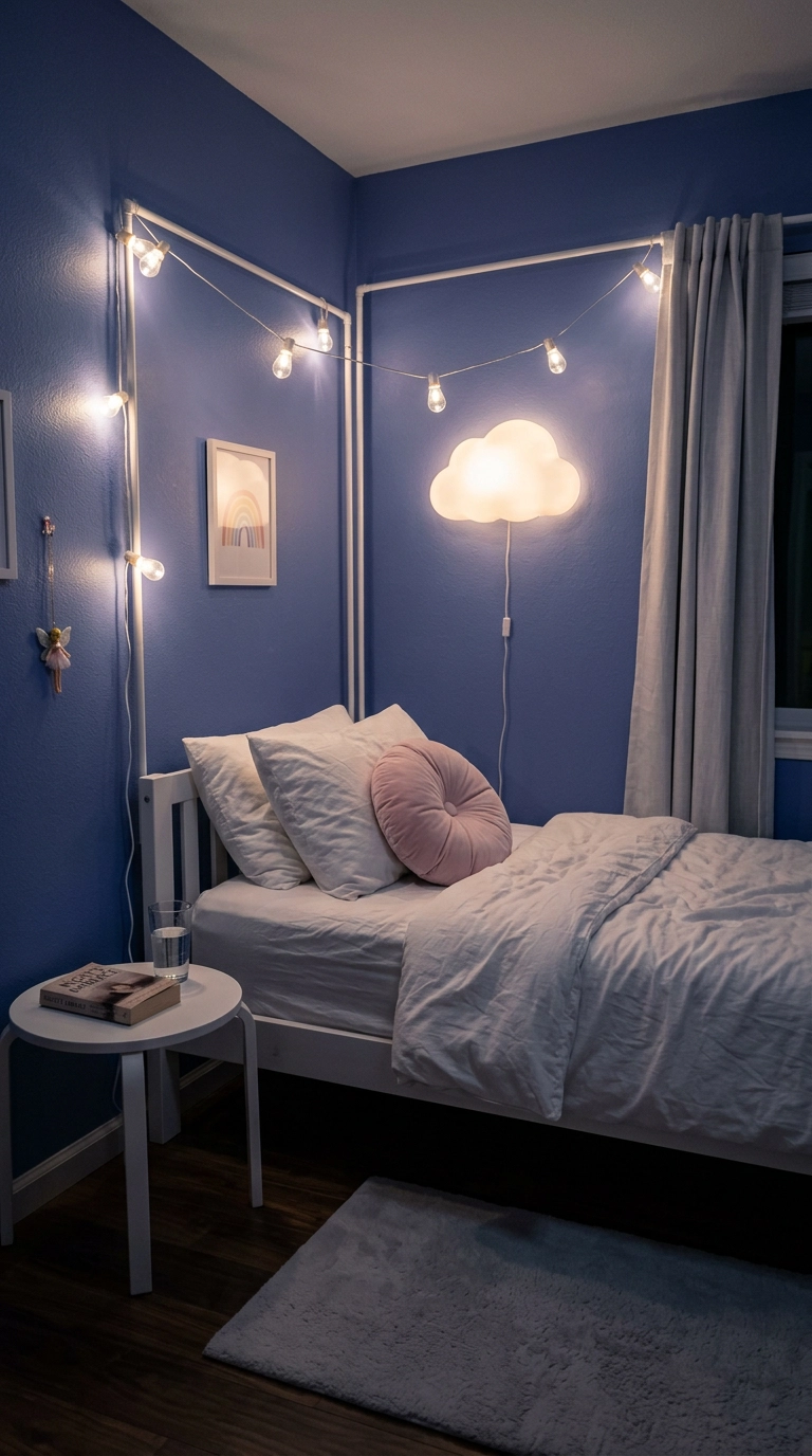 Kawaii bedroom at night with periwinkle walls, string lights and a glowing cloud wall light