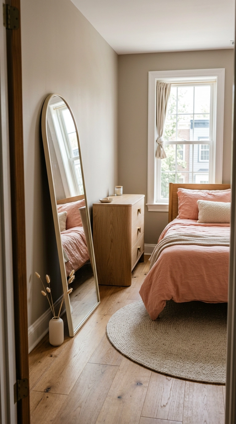 Kawaii bedroom with a leaning arched mirror, coral bedding and rounded oak dresser