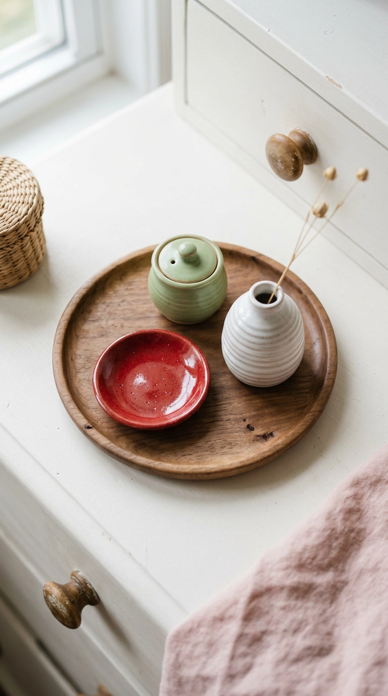 Overhead flat lay of pastel ceramic trinket dishes on a walnut tray in a kawaii bedroom
