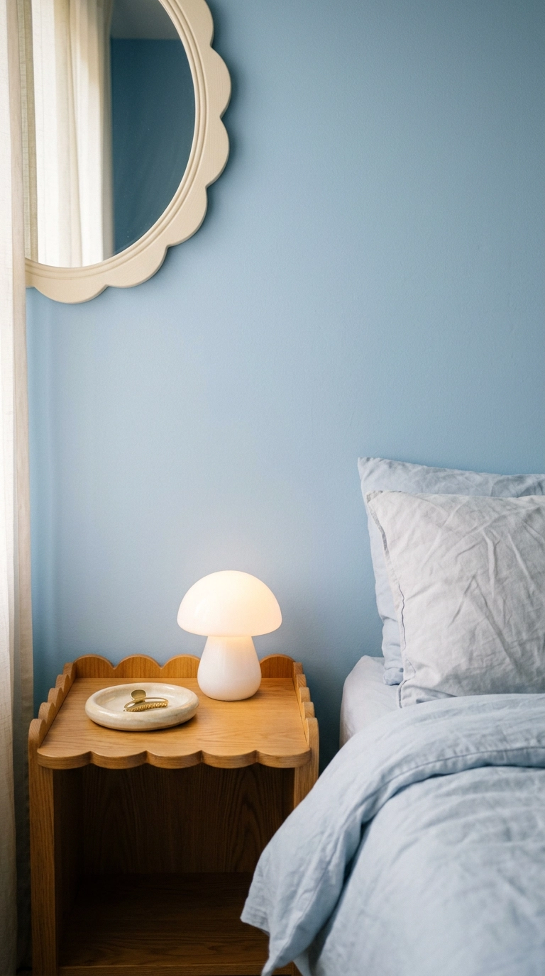 Kawaii bedroom nightstand vignette with scalloped wood furniture and a mushroom lamp