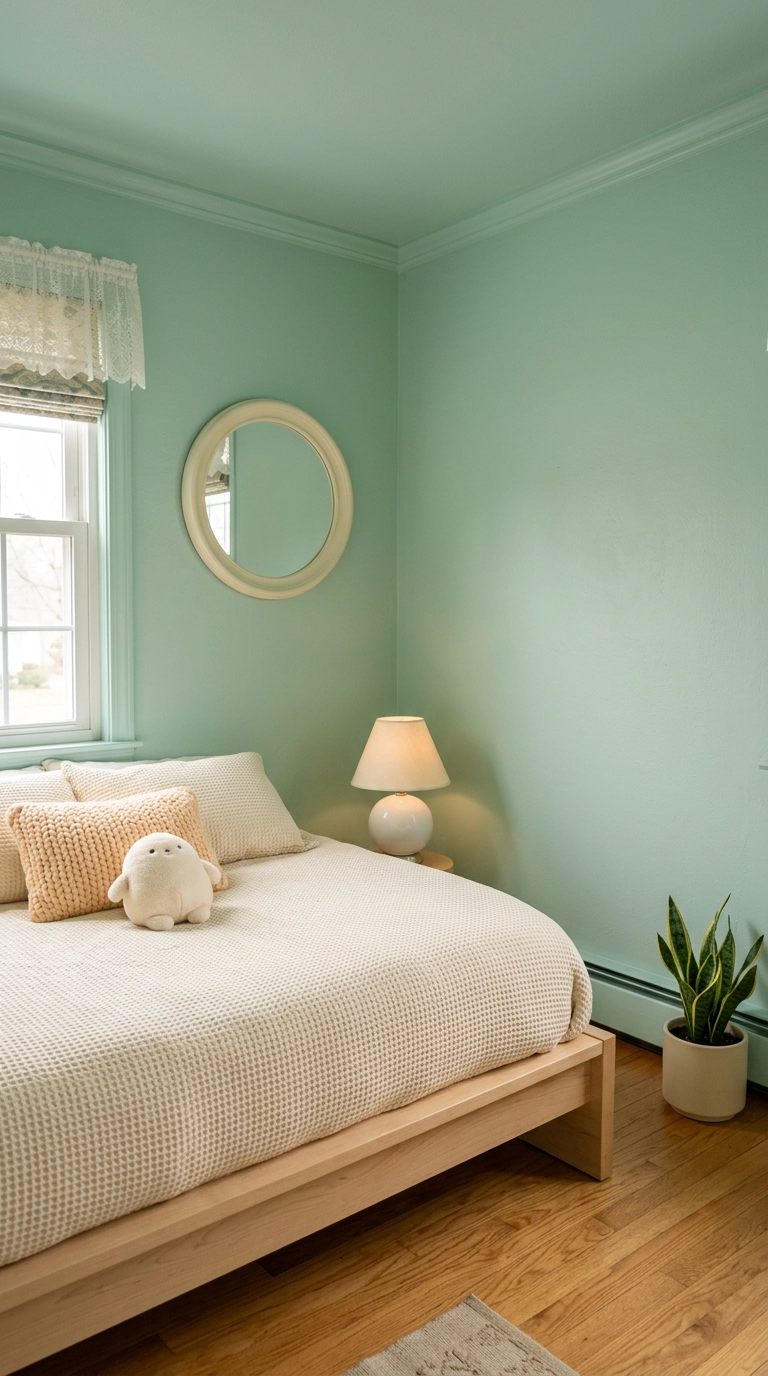 Kawaii bedroom color drenched in soft mint green with a maple platform bed
