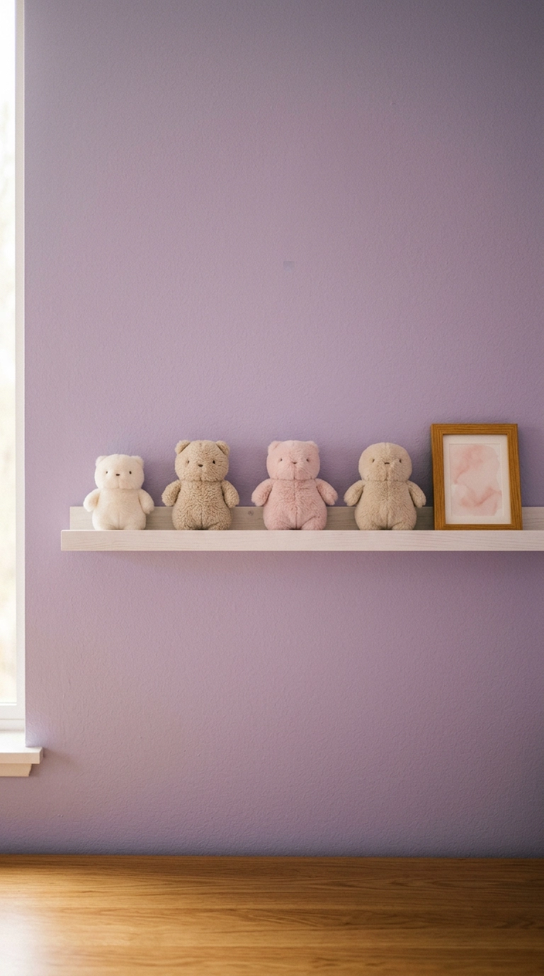Kawaii bedroom picture ledge shelf displaying four soft plush toys against a lavender wall
