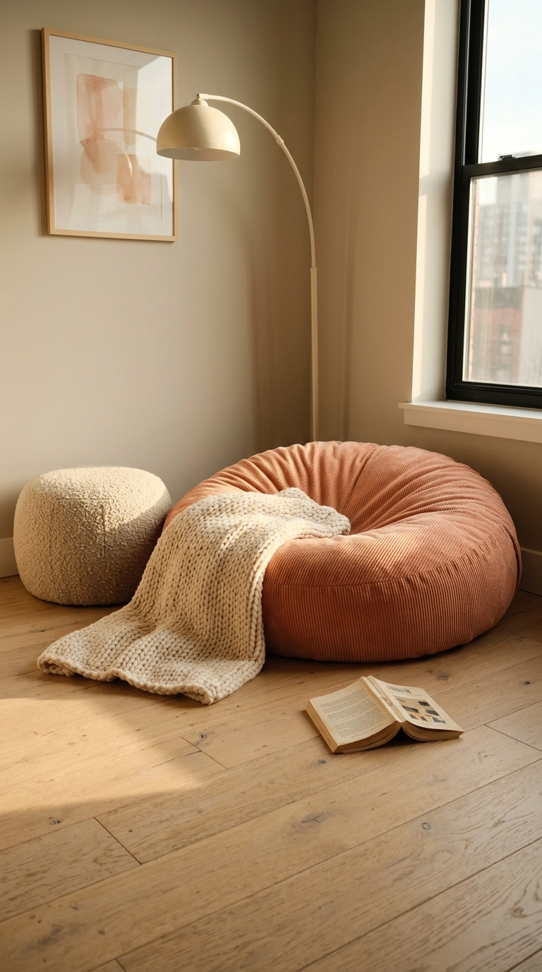 Kawaii bedroom floor corner with an oversized peach corduroy cushion and cream pouf