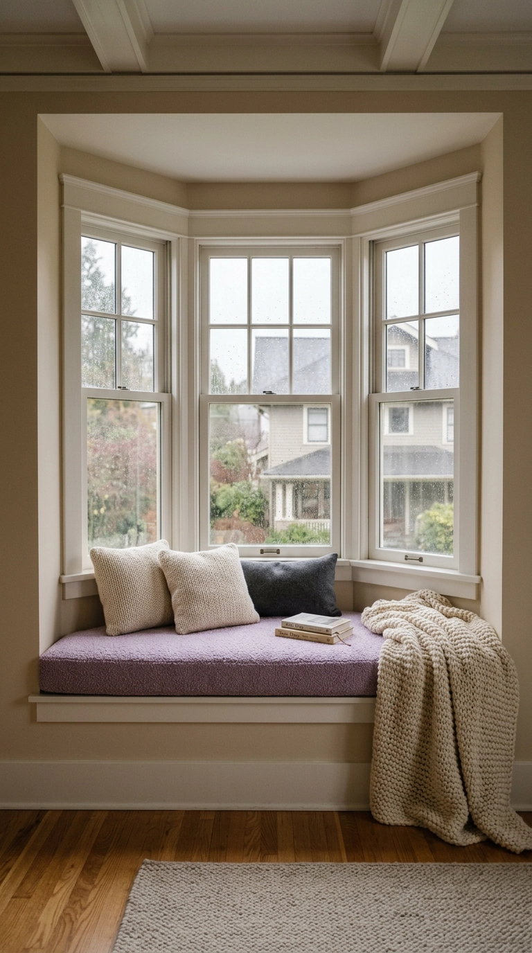 Kawaii bedroom bay window nook with a lilac boucle bench cushion and knit pillows