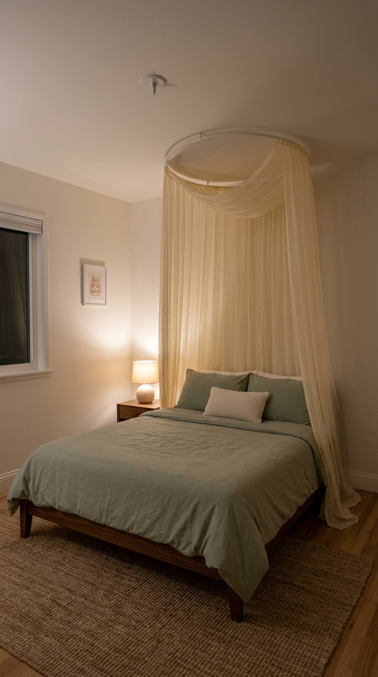 Kawaii bedroom with a pale butter sheer canopy over a bed with sage green bedding