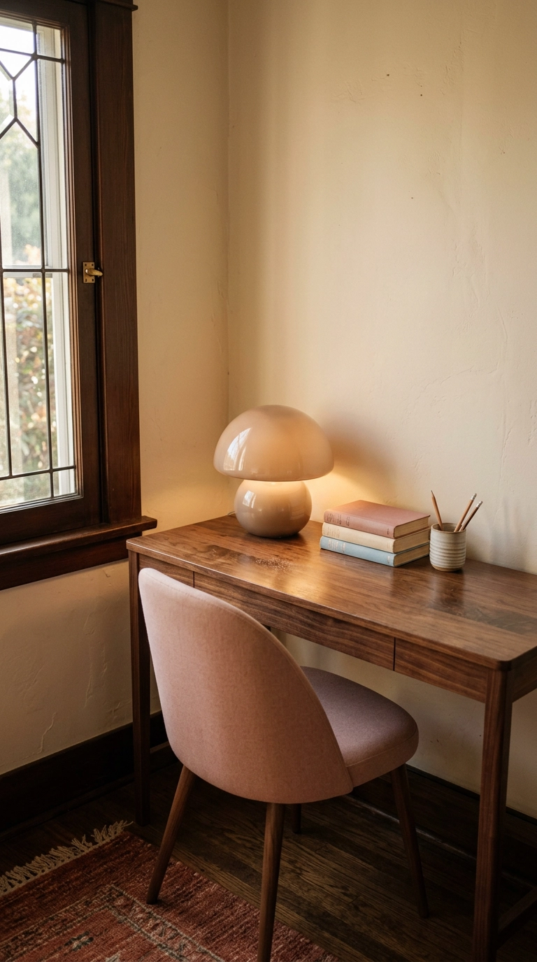 Kawaii bedroom desk corner with a taupe mushroom lamp and walnut desk