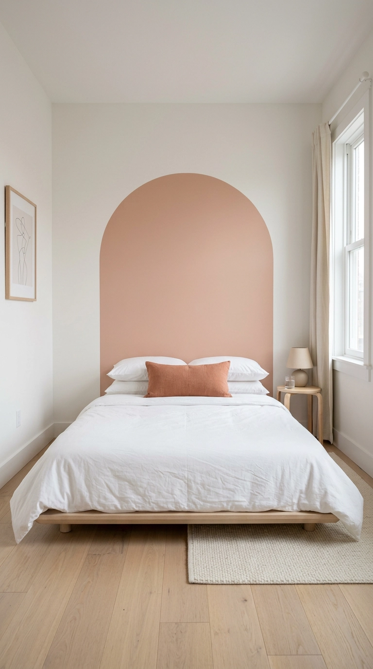 Kawaii bedroom with a blush terracotta arch painted on the wall behind a low bed
