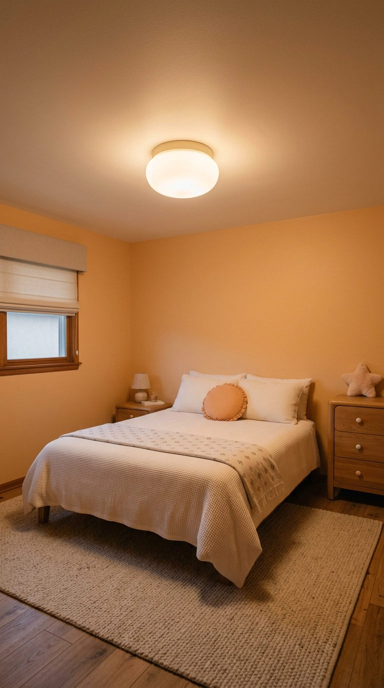 Kawaii bedroom with a rounded frosted dome ceiling light and apricot walls