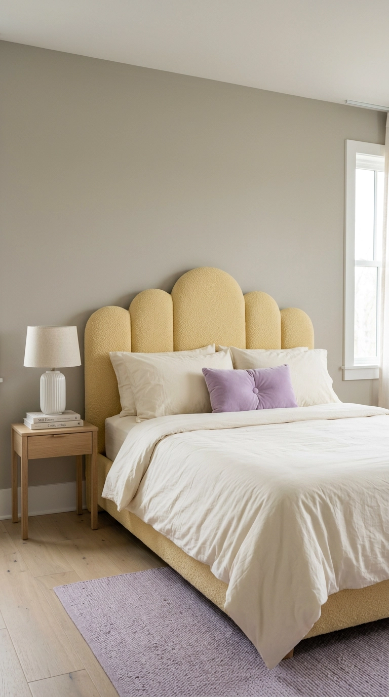 Kawaii bedroom with a butter yellow cloud-shaped upholstered headboard and lilac accents