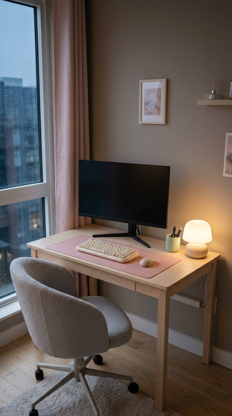 Kawaii bedroom gaming desk corner in soft pink and cream with a birch desk