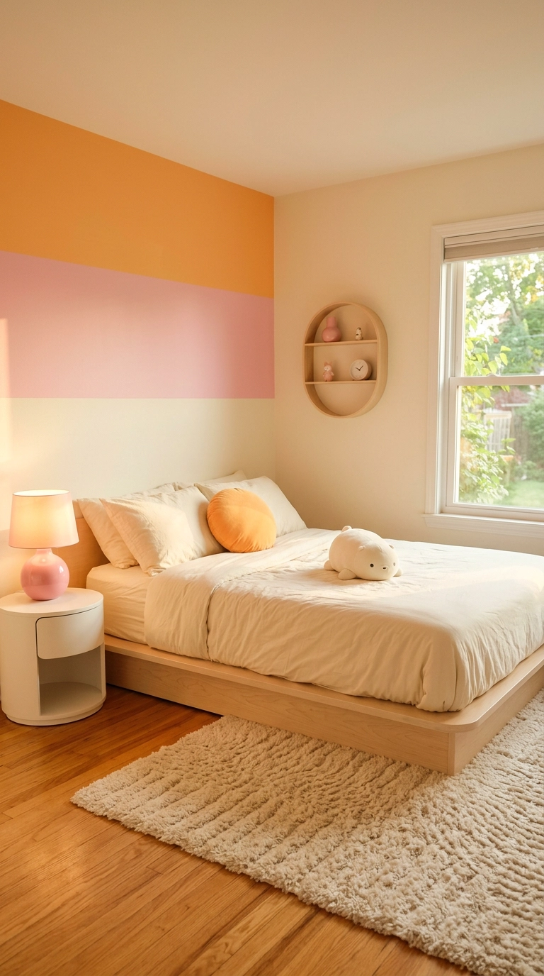 Maximalist kawaii bedroom with sherbet orange, pink and cream color blocked wall stripes