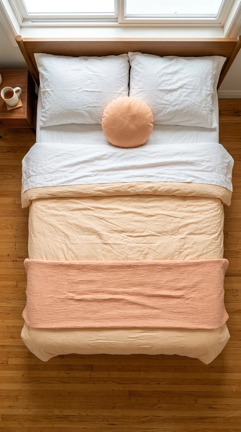 Overhead view of kawaii bedroom bedding color blocked in apricot, peach and milk white