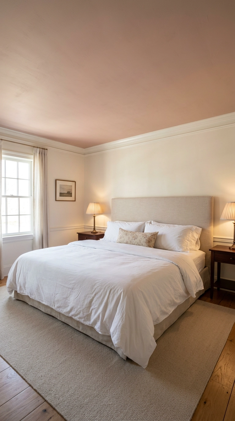 King bedroom with a warm plaster pink painted ceiling above creamy off-white walls