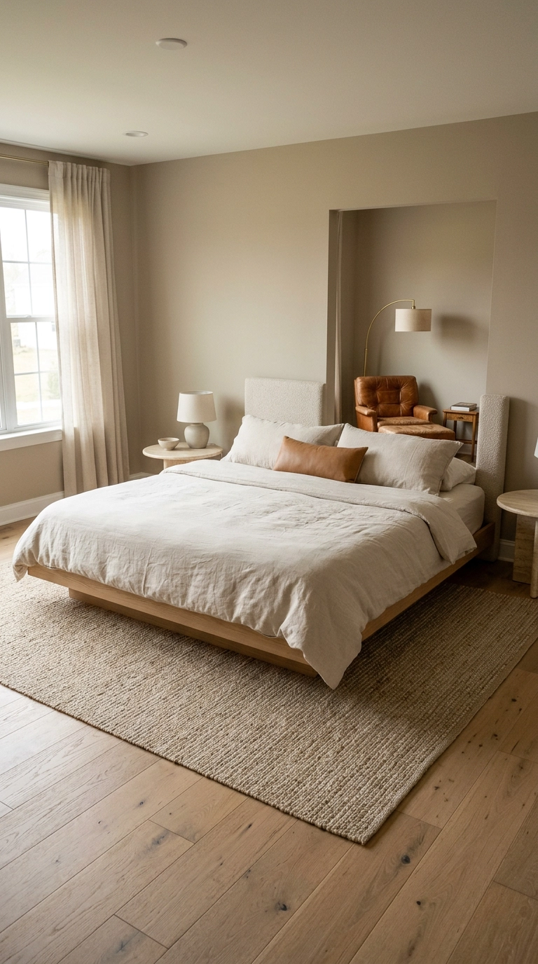 Floated king bed with a reading corner and cognac leather chair tucked behind the headboard