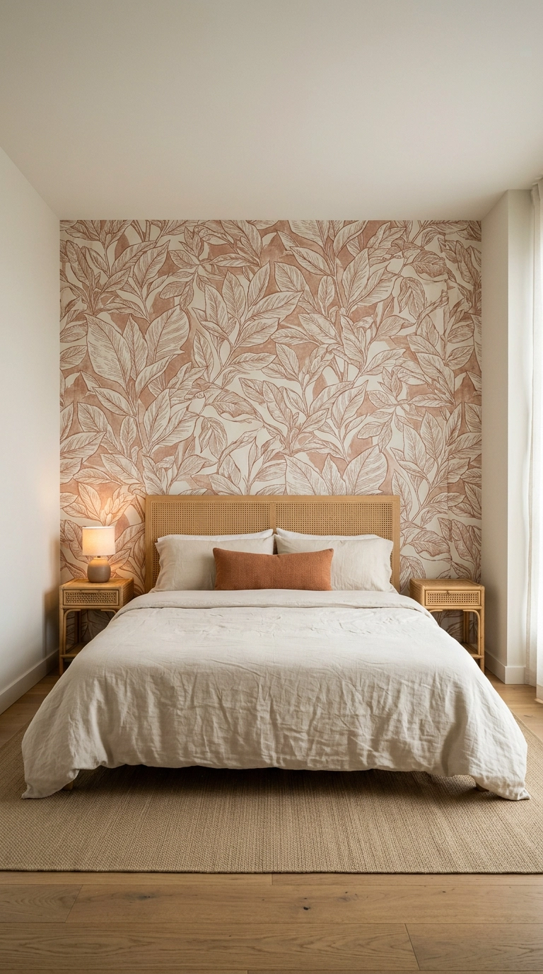 King bed with a cane headboard against a terracotta and bone botanical wallpapered accent wall