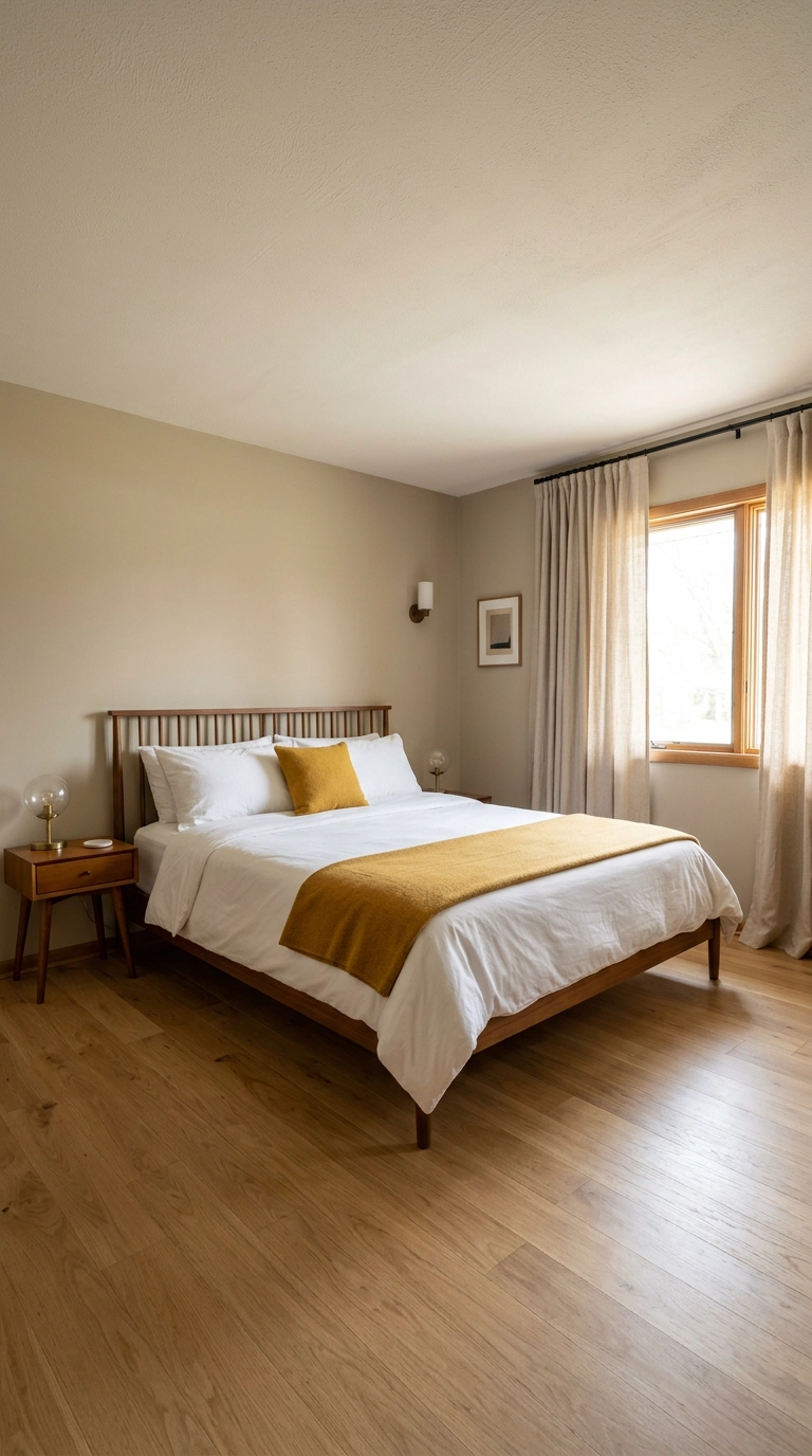 King bedroom with oatmeal linen curtains mounted near the ceiling and extending past the window