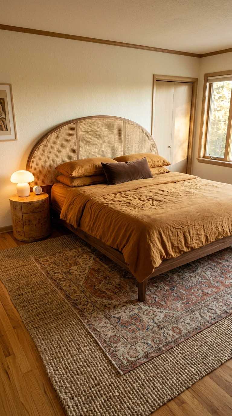 Faded vintage Persian rug layered over a large jute rug beneath a king bed with ochre bedding