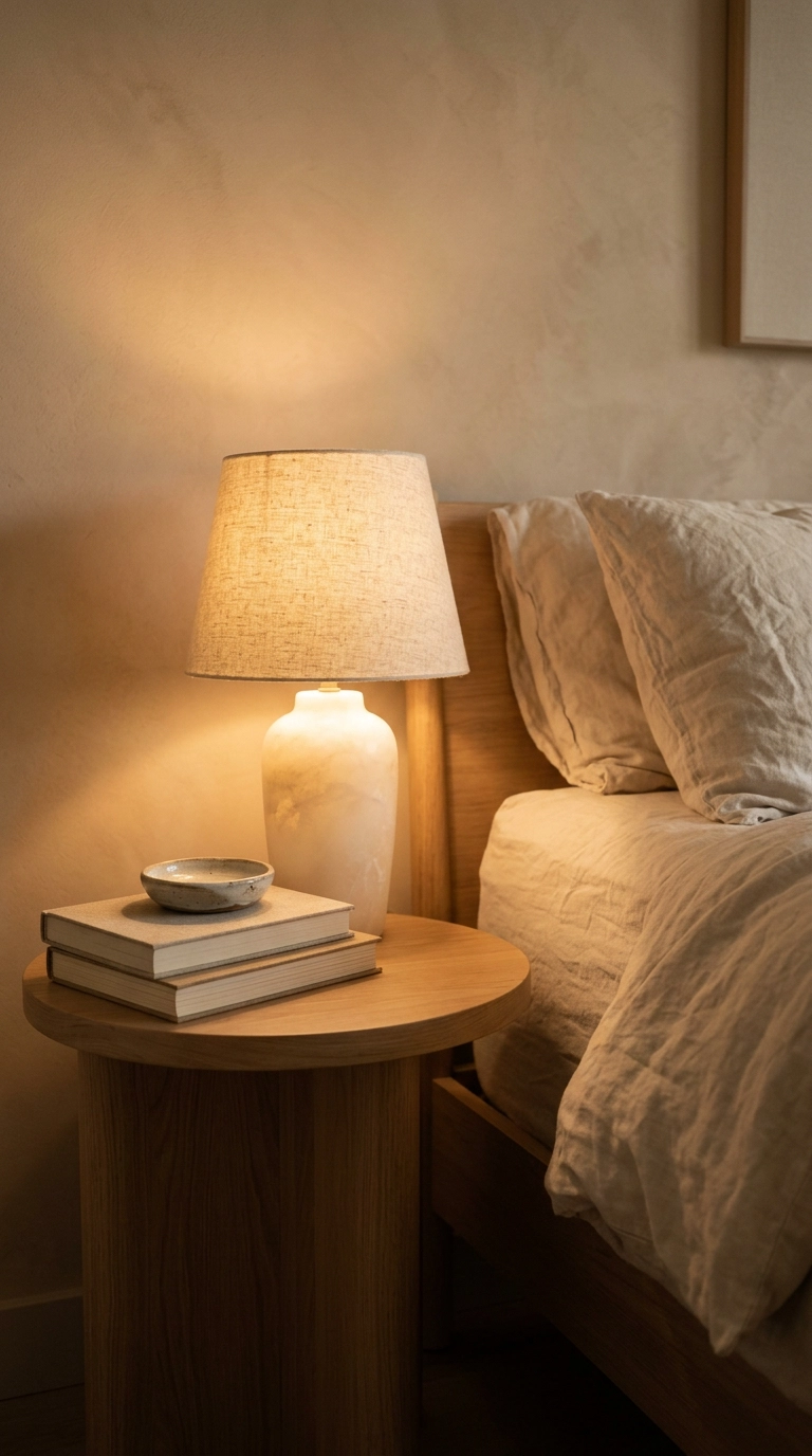 White oak nightstand at mattress height beside a king bed with a warm alabaster lamp
