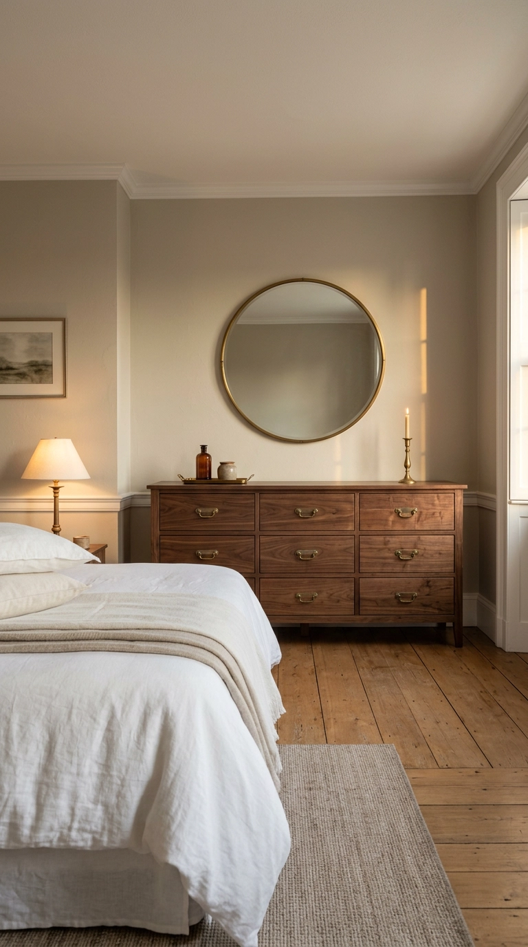 Long low walnut dresser with brass pulls and a round mirror on the wall opposite a king bed