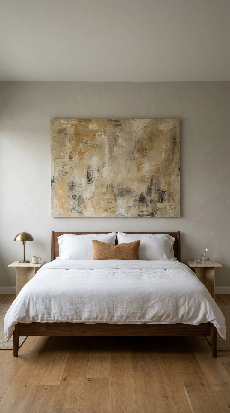 Large abstract ochre canvas hung above a king bed with white bedding and travertine nightstands