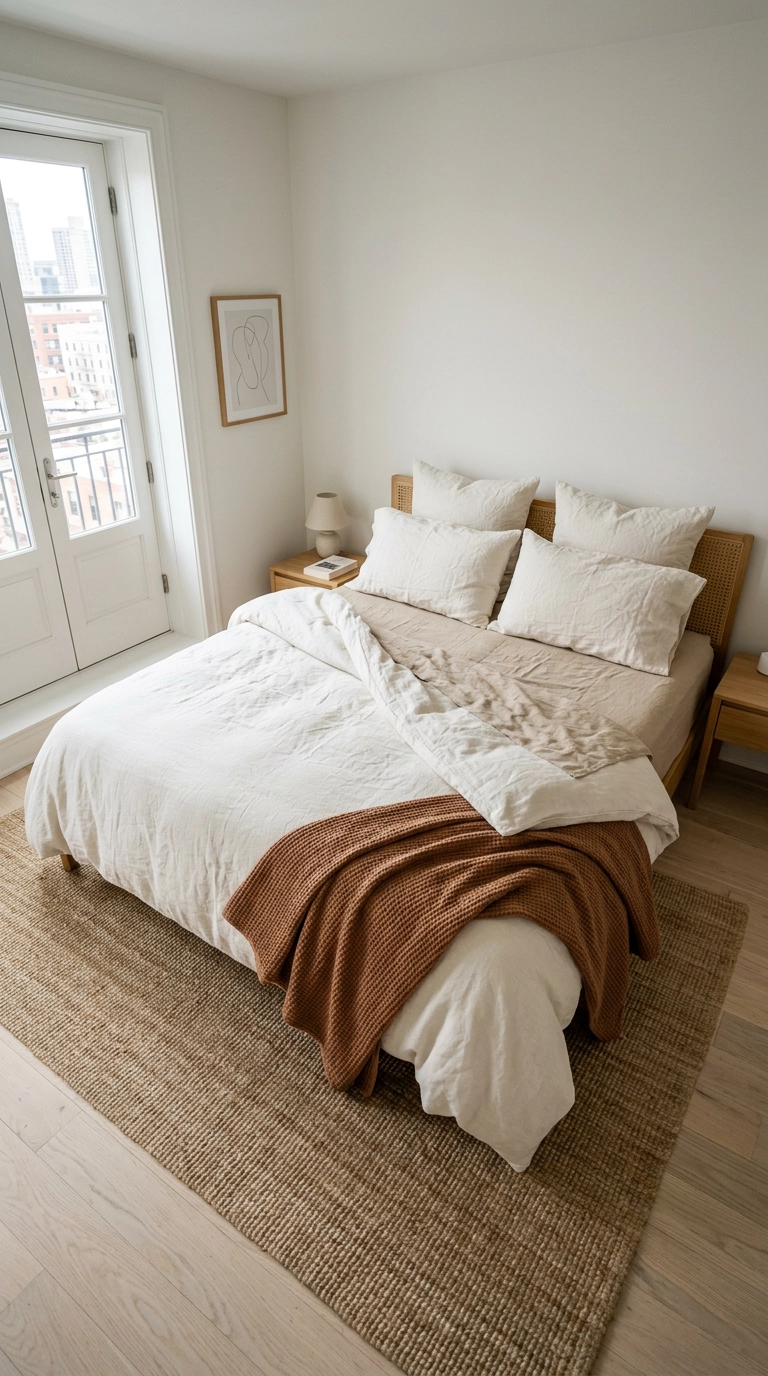 King bed layered with sand, ivory, and rust linen bedding under bright midday light